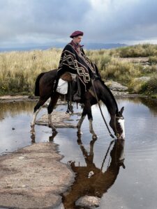 Un espejo de agua reflejando la complicidad caballo jinete en el imponente paisaje camino a La Posta